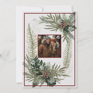 Greenery Ferns Pine Cones Snowflakes Holiday Card