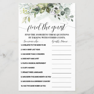 Greenery Find the Guest Baby Shower Game card