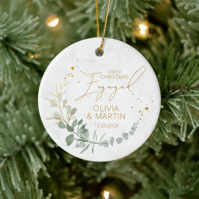 Greenery First Christmas Engaged Elegant Ceramic Ornament (Tree)