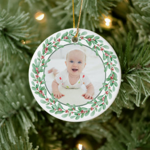 Greenery First Christmas Personalised Photo Ceramic Ornament