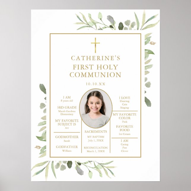 Greenery First Communion Fun Facts Photo Sign (Front)