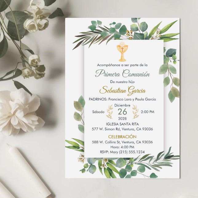 Greenery First Communion in Spanish Cute Chalice Invitation (Creator Uploaded)