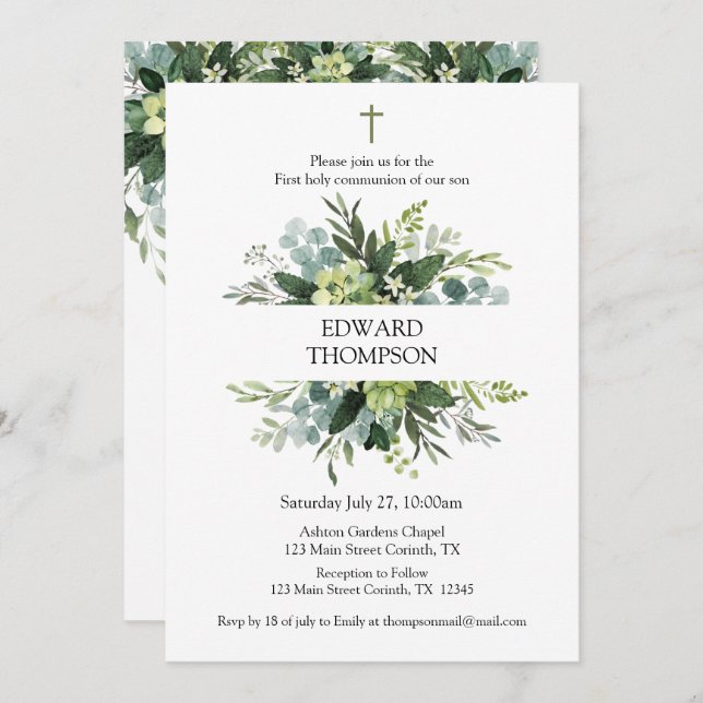 Greenery First Communion Invitation (Front/Back)