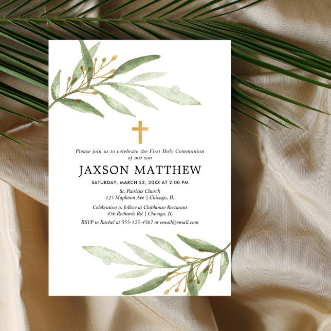 Greenery first holy communion green gold leaves invitation (Creator Uploaded)