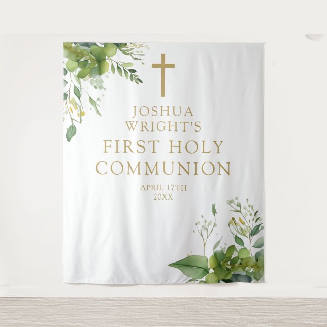 Greenery First Holy Communion Photo Backdrop Tapestry (Front)