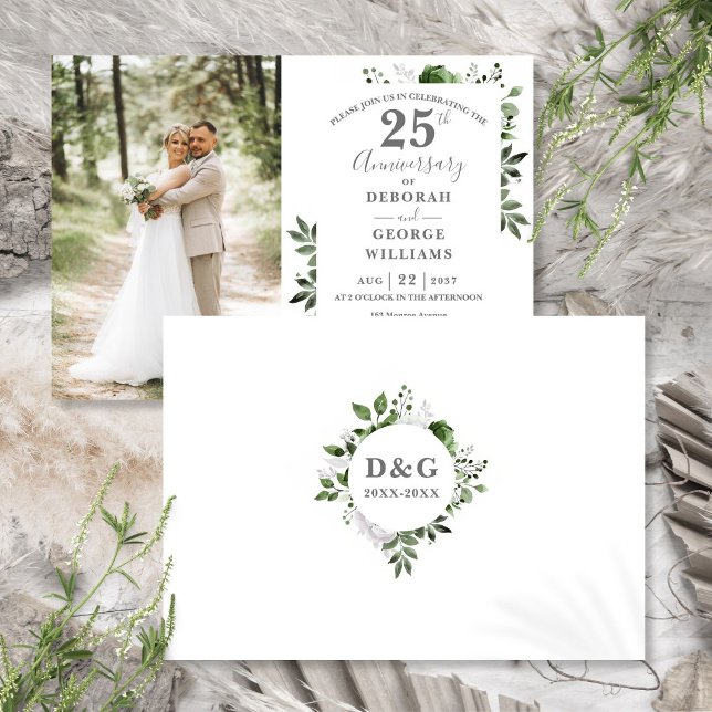 Greenery Floral 25th Wedding Anniversary Photo Invitation (Greenery Floral 25th Wedding Anniversary Photo Invitation)