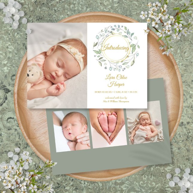 Greenery Floral 4 Photo Baby Birth  Announcement (Greenery Floral 4 Photo Baby Birth Announcement)