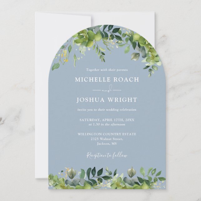 Greenery Floral Arch Dusty Blue QR Code Wedding Invitation (Front)