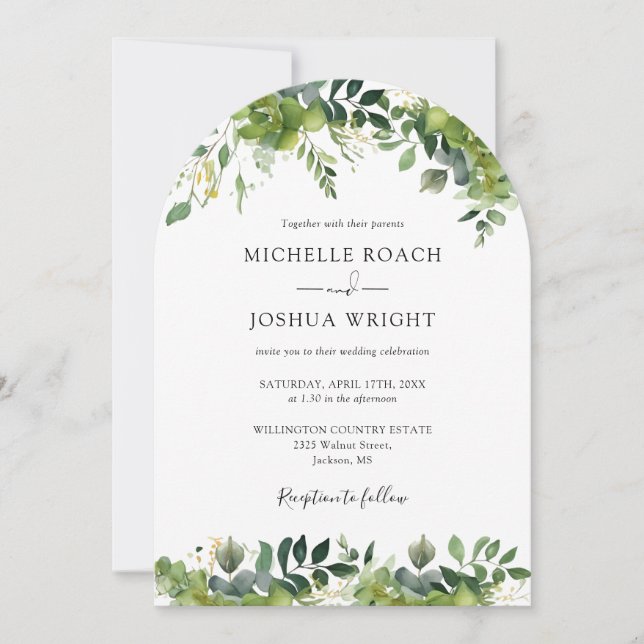 Greenery Floral Arch Modern QR Code Wedding Invitation (Front)