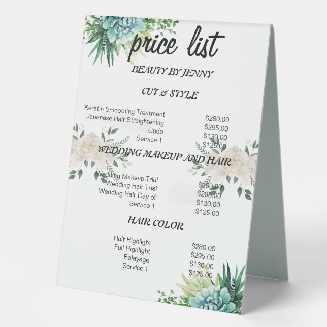 Greenery Floral Beauty Salon Price List Display (Front)