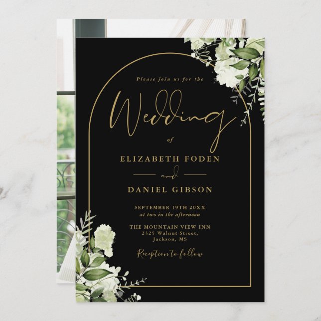 Greenery Floral Black And Gold Arch Photo Wedding Invitation (Front/Back)