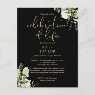 Greenery Floral Black And Gold Celebration of Life Announcement Postcard