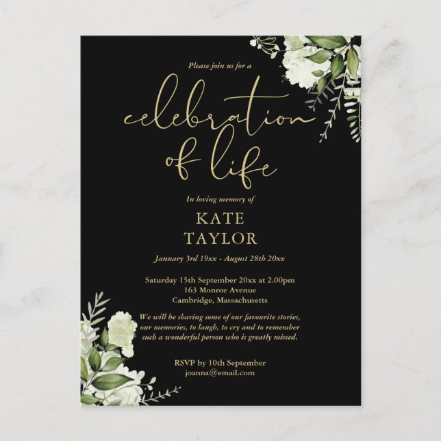 Greenery Floral Black And Gold Celebration of Life Announcement Postcard (Front)