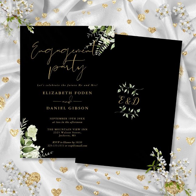 Greenery Floral Black And Gold Engagement Party Invitation (Greenery Floral Black And Gold Engagement Party Invitation)