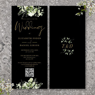 Greenery Floral Black And Gold QR Code Wedding Invitation