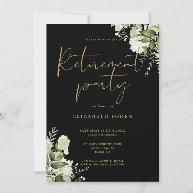 Greenery Floral Black And Gold Retirement Party Invitation (Front)