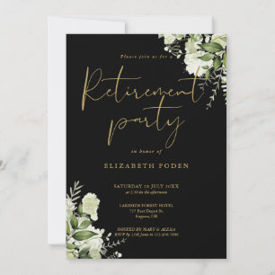 Greenery Floral Black And Gold Retirement Party Invitation