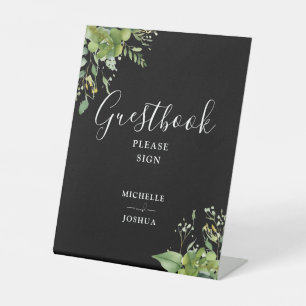 Greenery Floral Black And White Guestbook Pedestal Sign