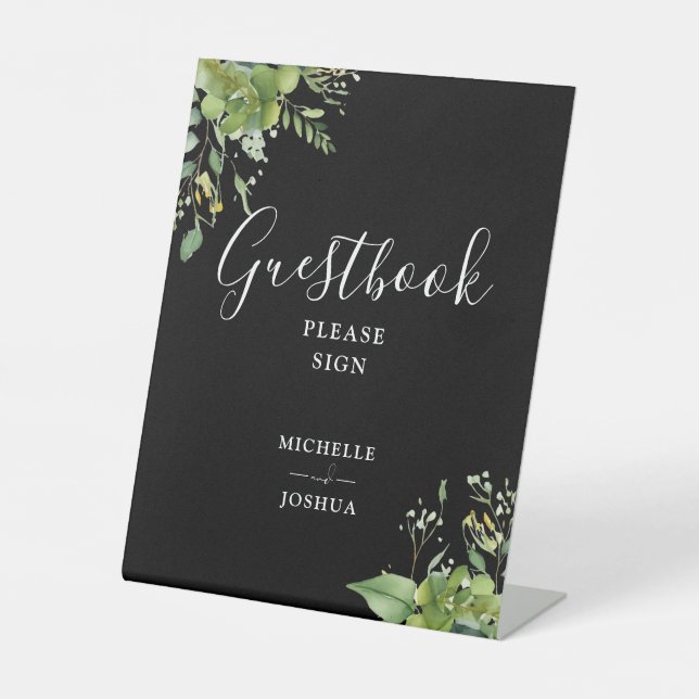 Greenery Floral Black And White Guestbook Pedestal Sign (Front)