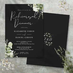 Greenery Floral Black And White Rehearsal Dinner Invitation