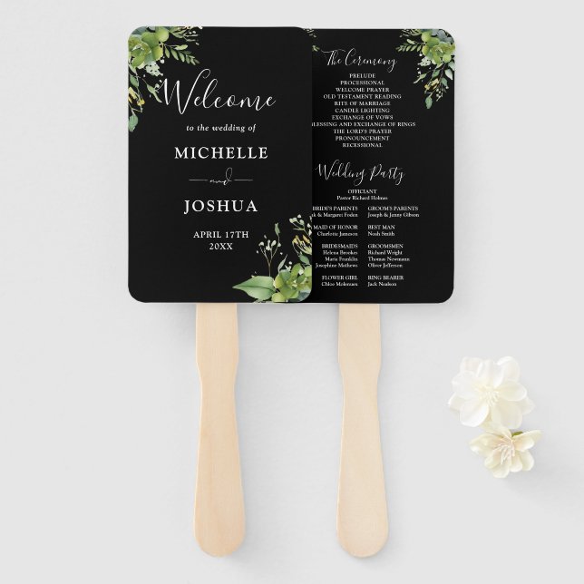 Greenery Floral Black And White Wedding Program Hand Fan (Front and Back)