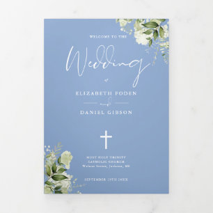 Greenery Floral Blue Catholic Wedding Mass Tri-Fold Programme