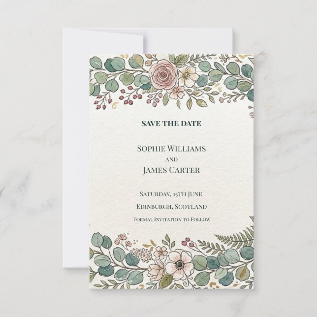 Greenery Floral Border Save The Date Card (Front)