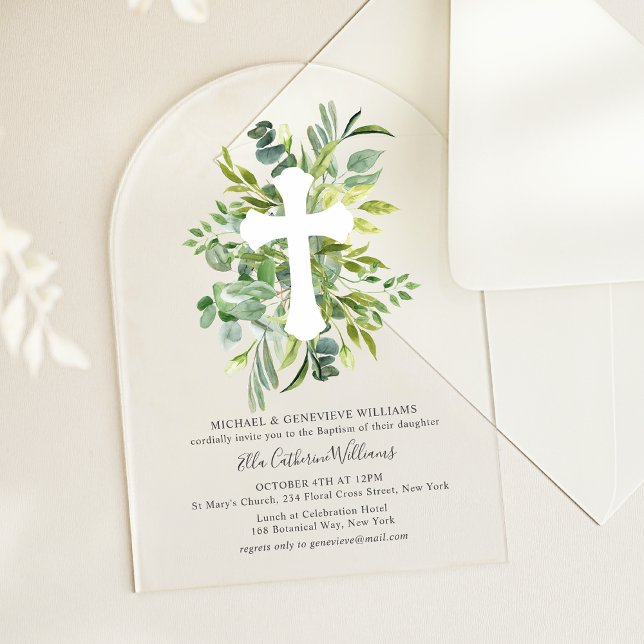 Greenery Floral Botanical Cross Baptism Acrylic Invitations (Creator Uploaded)