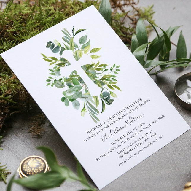 Greenery Floral Botanical Cross Baptism Invitation (Creator Uploaded)