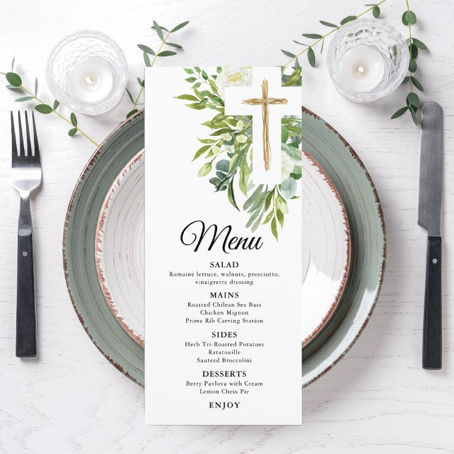 Greenery Floral Botanical Cross Elegant Baptism Menu (Creator Uploaded)