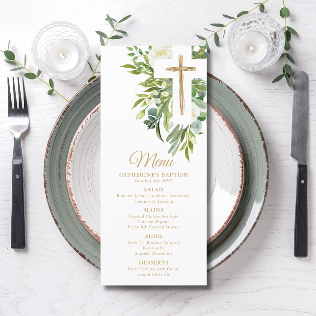 Greenery Floral Botanical Cross Elegant Baptism Menu (Creator Uploaded)