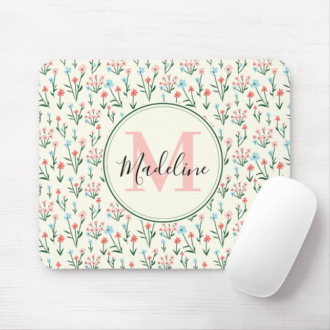 Greenery Floral Botanical Flowers Pink Monogram Mouse Pad (With Mouse)
