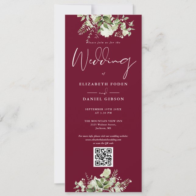 Greenery Floral Burgundy QR Code Wedding Invitation (Front)