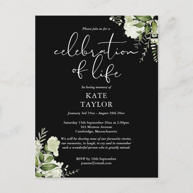 Greenery Floral Celebration of Life Memorial Announcement Postcard (Front)