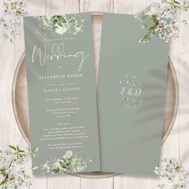 Greenery Floral Details Elegant Sage Green Wedding Invitation (Greenery Floral Details Elegant Sage Green Wedding Invitation)