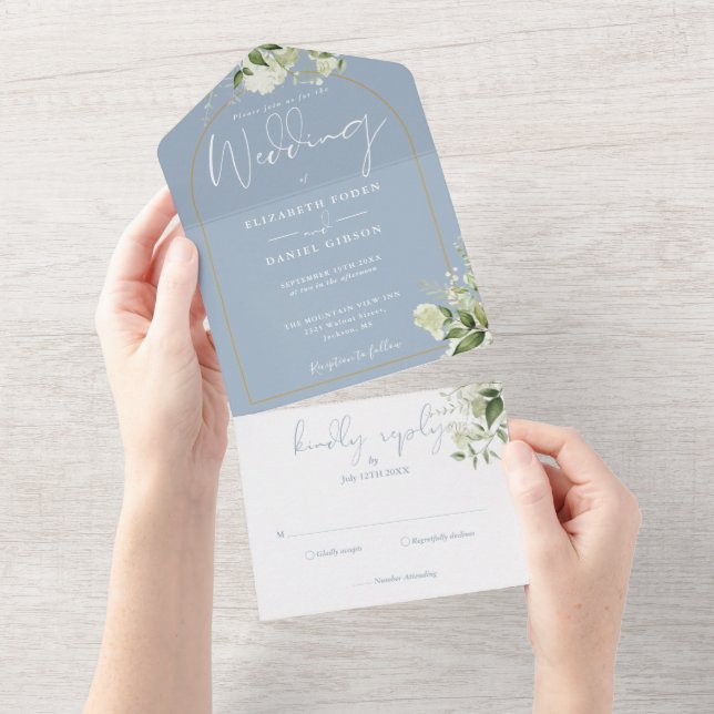 Greenery Floral Dusty Blue And Gold Arch Wedding All In One Invitation (Tearaway)