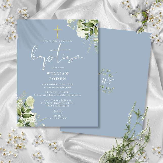 Greenery Floral Dusty Blue Baptism Invitation Postcard (Greenery Floral Dusty Blue Baptism Invitation Postcard)