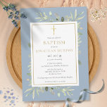 Greenery Floral Dusty Blue Boy Baptism  Invitation<br><div class="desc">Featuring delicate watercolor greenery with an elegant gold crucifix,  this stylish baptism | christening invitation can be personalised with your special information,  with a dusty blue background on the reverse. Designed by Thisisnotme©</div>