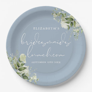 Greenery Floral Dusty Blue Bridesmaids Luncheon Paper Plate