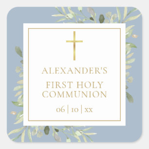 Greenery Floral Dusty Blue First Holy Communion Square Sticker