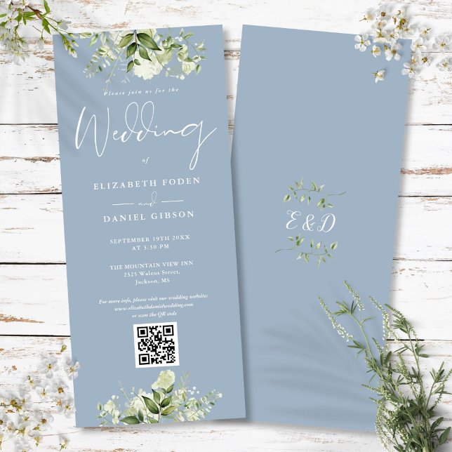 Greenery Floral Dusty Blue QR Code Wedding Invitation (Greenery Floral Dusty Blue QR Code Wedding Invitation)