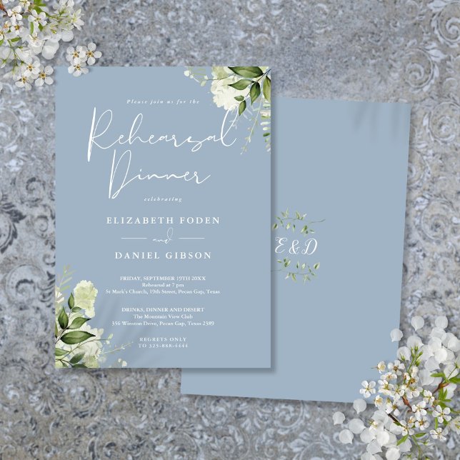 Greenery Floral Dusty Blue Rehearsal Dinner Invitation (Greenery Floral Dusty Blue Rehearsal Dinner Invitation)