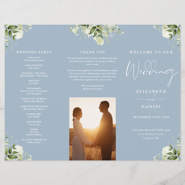 Greenery Floral Dusty Blue Trifold Wedding Program Flyer (Front)