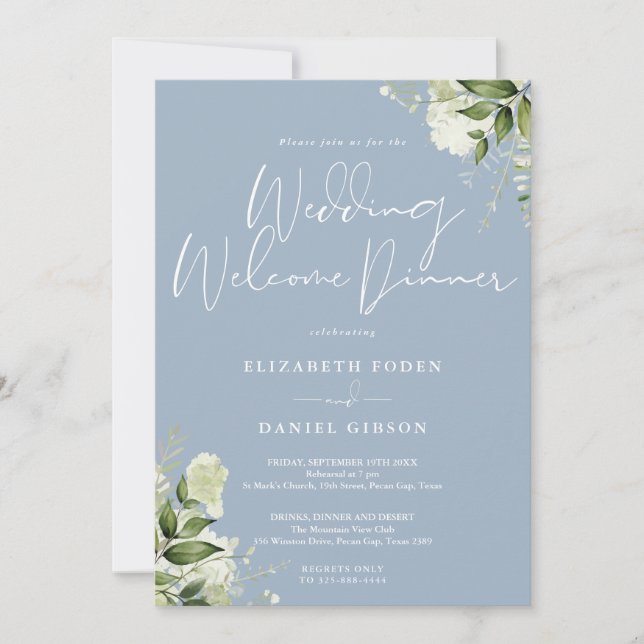 Greenery Floral Dusty Blue Wedding Welcome Dinner Invitation (Front)