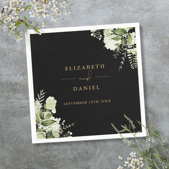 Greenery Floral Elegant Black And Gold Wedding Napkin (Greenery Floral Elegant Black And Gold Wedding Napkins)