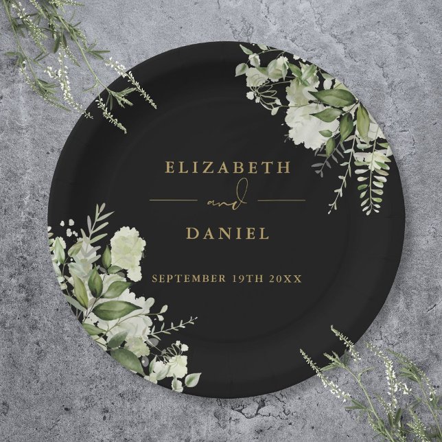 Greenery Floral Elegant Black And Gold Wedding Paper Plate (Greenery Floral Elegant Black And Gold Wedding Paper Plates)