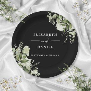 Greenery Floral Elegant Black And White Wedding Paper Plate