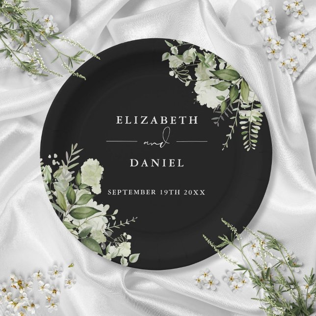 Greenery Floral Elegant Black And White Wedding Paper Plate (Greenery Floral Elegant Black And White Wedding Paper Plates)