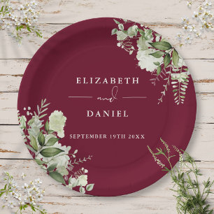 Greenery Floral Elegant Burgundy Wedding Paper Plate