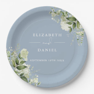 Greenery Floral Elegant Dusty Blue Wedding Paper Plate